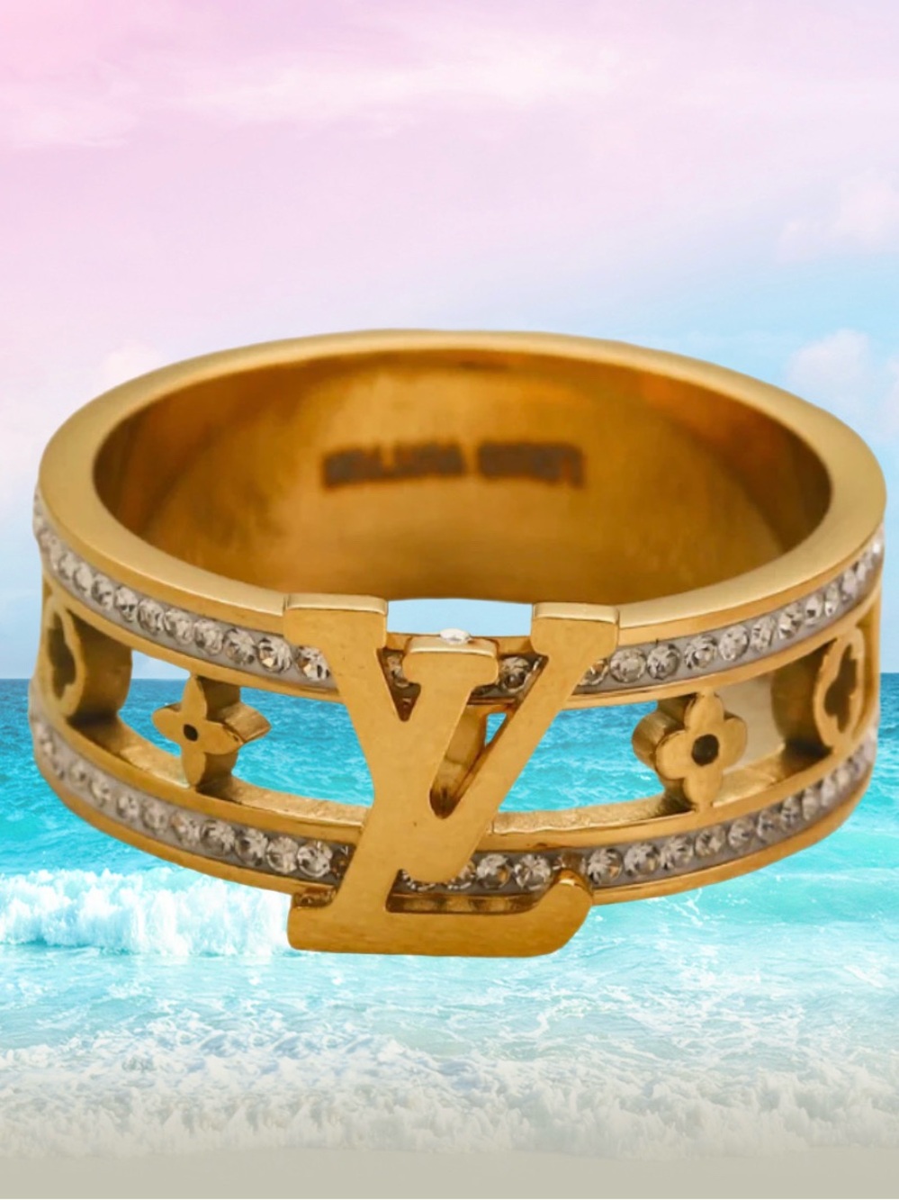 New RING titanium Gold Tone Wide Band W/CZ’s, a stamped logo inside its a beauty